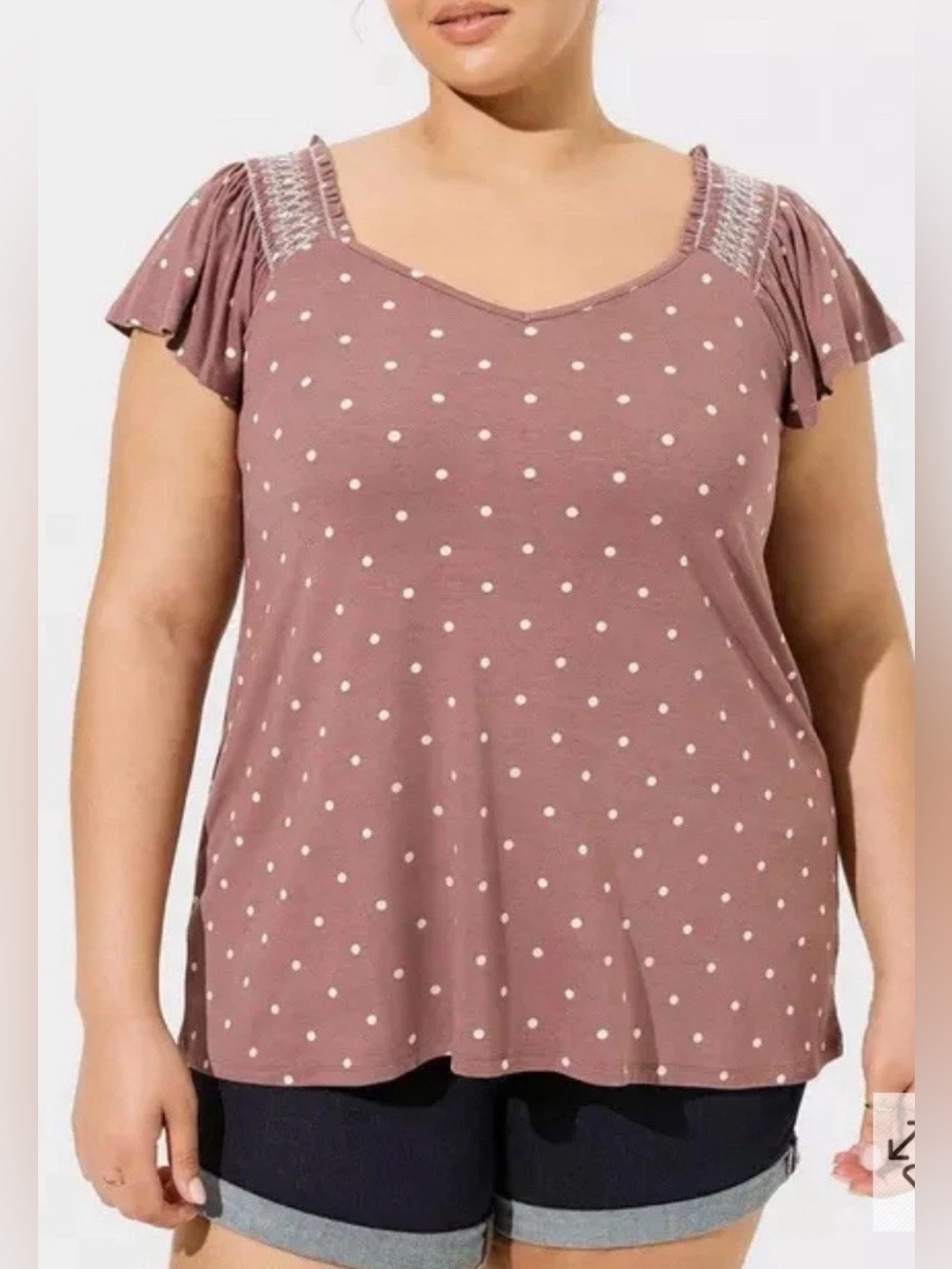 Torrid Super Soft Smocked Flutter Sleeve Tee size 6 6X Honey Taupe Dots